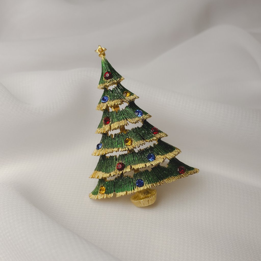 Vintage Jj Jonette Jewelry Green Christmas Tree Holiday Rhinestone Gold Brooch
